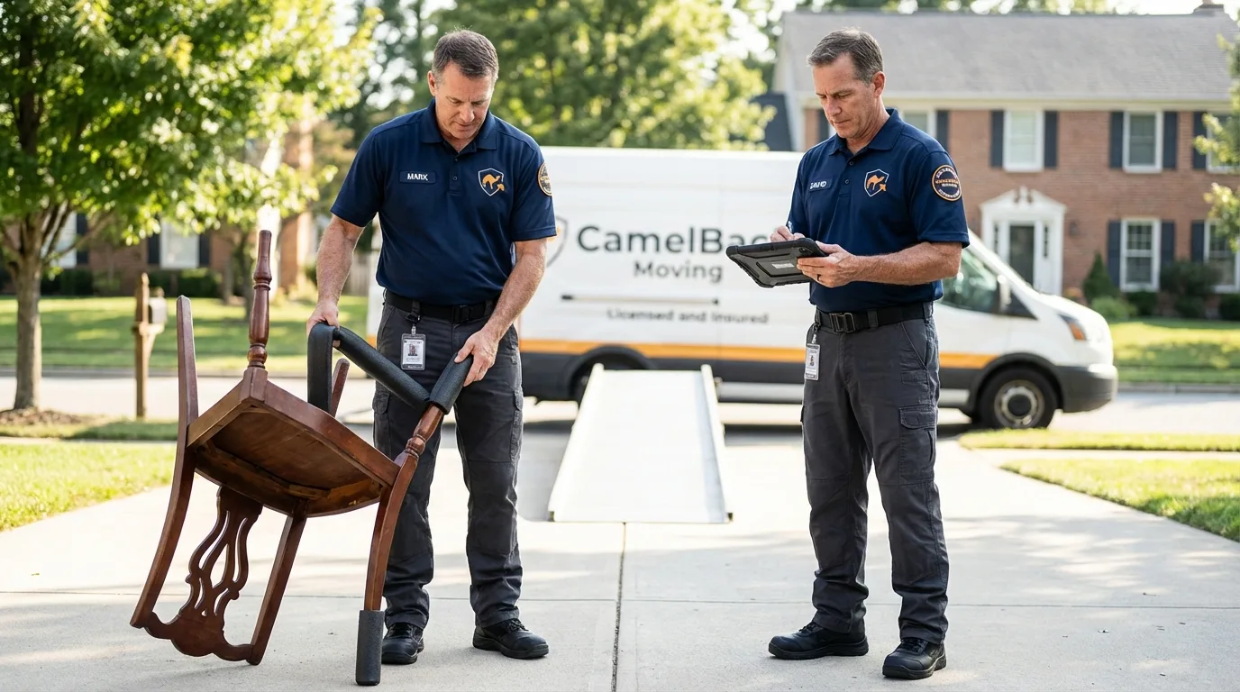 Movers inspecting furniture for damage prevention before loading in Wellsboro, PA
