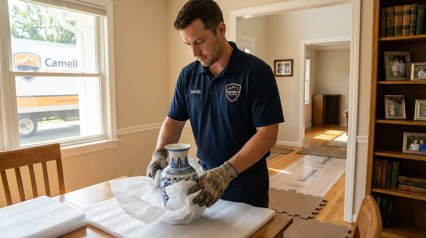 Professional crew carefully wrapping antique vase for senior downsizing move in Wellsboro, PA